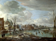 212/neer, aert van der - a frozen river near a village, with golfers and skaters